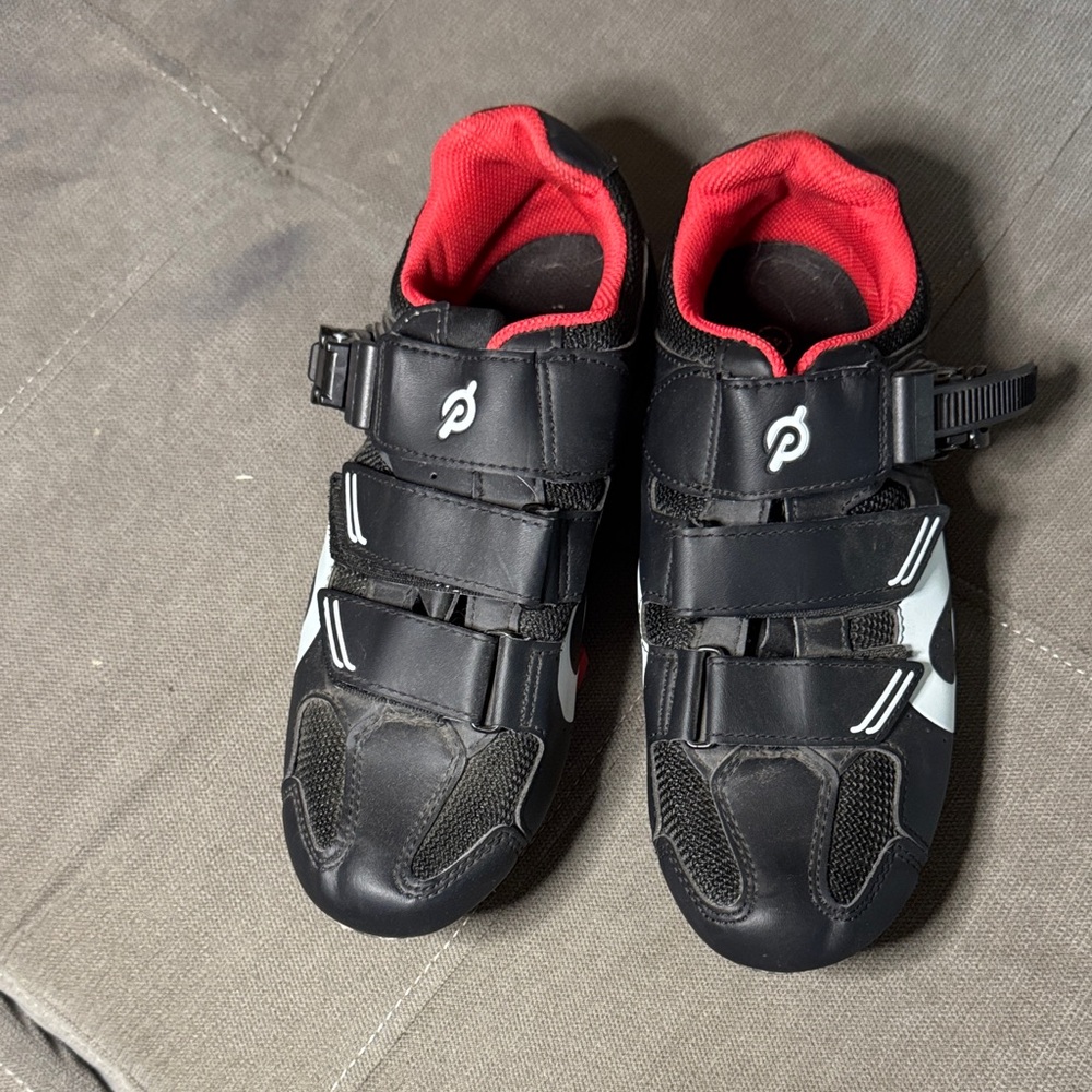 Peloton Black Cycling Shoes with Red Lining and White Accents